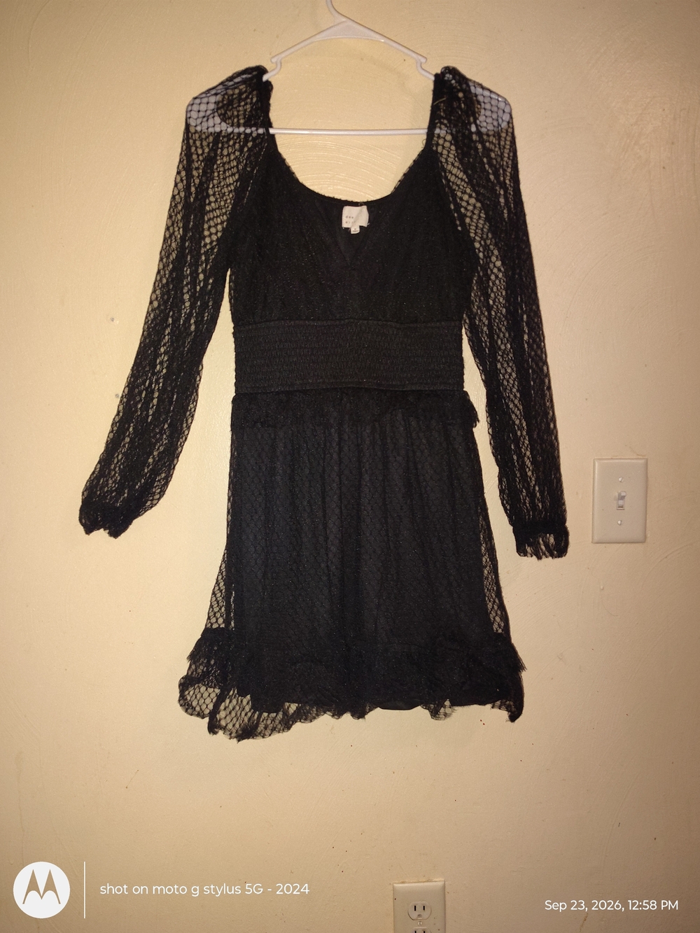 dee elly Women's Black Lace V-Neck Sheer Smocked Waist Mini Dress Size M